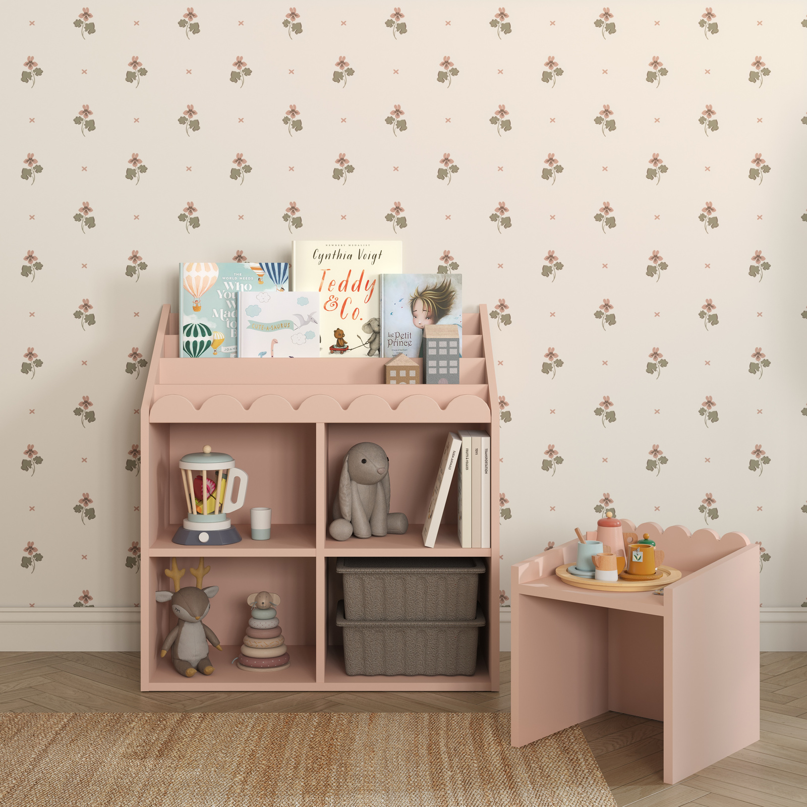 Βιβλιοθήκη Montessori Book Nook σε χρώμα vintage rose – ράφι για παιδικά βιβλία και παιχνίδια